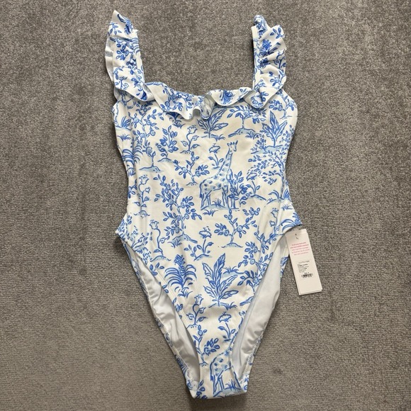 Lilly Pulitzer Other - NWT Lilly Pulitzer Size 8 Aemma Ruffle Swim Suit White Blue Tall Tales Giraffe